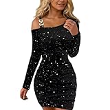 EMOTTOS Damen Sexy Pailletten Minikleid, Ausgehkleider Schulterfrei Quadratische Schnalle Abgeschrägte Schultern Wickelkleid, Unten Taille Falte Slim Fit Bodycon Enge Partykleid, Schwarz, L