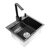 Spüle Küche Spülbecken Schwarz 45 X 40cm Küchenspüle 1 Becken Edelstahl Eckiges Moderne Einbauspüle mit Abtropfkorb, Armatur, Seifenspender