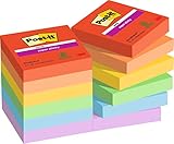 Post-it Super Sticky Notes Playful Collection, Packung mit 12 Blöcken, 90 Blatt pro Block, 47, 6 mm x 47, 6 mm, Rot, Orange, Gelb, Grün, Blau, Lila - Extra-stark klebende Notizzettel