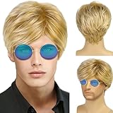 TSHAOUN Männer Blonde Perücke Kurze Herrenperücke Gelockte, Herren Boyband Perücke Kostüm Pony Natürliche Kurze Perücken mit Sonnenbrille, 70er 80er Disco Täglich Halloween Karneval Perücke (Blonde)