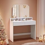 VASAGLE RDT115W01 Schminktisch mit Klappspiegel und 2 Schubladen, 3 offene Fächer, für Make-up, modern, Wolkenweiß