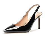Castamere Damen Slingback High Heels Spitzen Zehen Pumps Ankle-Strap Sandalen Stilettos 8.5CM Schwarz Lackleder Schuhe EU 42