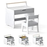 FANTASK 3 in 1 Kindertisch mit Stuhl, Kinder Tisch Stuhl Set mit Whiteboard & Kreidetafel & Stauraum, Kindersitzgruppe aus Holz mit Stauraum & Papierrollenhalter für Kinder ab 3 Jahren (Grau+Weiß)