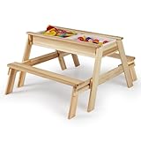 COSTWAY 2 in 1 Kindersitzgruppe mit Matschtisch, Outdoor Picknicktisch mit abnehmbarem Deckel & 2 Sandkästen, Sand und Wasser Spieltisch für Kinder, Gartenmöbel für Garten, Terrasse & Hof