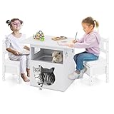 DREAMADE 2-in-1 Kindersitzgruppe mit Katzenhaus, Kindertisch mit 2 Stühlen, Rückenlehne & 2 Stoffschubladen, Spieltisch zum Lesen, Spielen & Lernen, Aktivitätstisch für Kinder ab 3 Jahren
