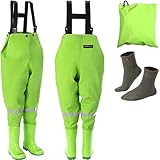 smartpeas wasserdichte Wathose Kinder mit Gummi Stiefel Grün Größe 30/31 - Ideale Anglerhose Kinder - Bequem und Dauerhaft Watthose für Kinder - Plus: 1x Socken