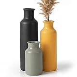 Winter Shore Blumen Vasen Keramik Set (3er-Pack) - Boho Vase in Verschiedenen Größen für Küche, Bad, Wohnzimmer - Rustikale Vasen Deko für Tisch, Regal, Kaminsims - Vase Keramik in Grau, Gelb, Schwarz