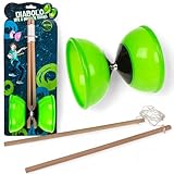 MIJOMA Diabolo Jonglierset – 2 Holzstäbe & weiches Kunststoffdiabolo – Kompaktes Outdoor Spiel für Kinder & Erwachsene – Perfekt für Koordination & Geschicklichkeit (Grün - Glow in The Dark)