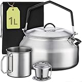 Praknu Camping Wasserkocher Set 1L Edelstahl - Ohne Strom - Wasserkessel, Becher, Teesieb & Tasche - Stapelbar - Feuer, Gasherd - Hitzebeständiges Silikongriff - Spülmaschinenfest