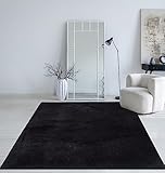 Mia´s Teppiche Taos kuscheliger Kurzflor Teppich, Anti-Rutsch Unterseite, Waschbar bis 30 Grad, Super Soft, Felloptik, Schwarz, 60 x 110 cm