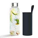 YRHome 500ml Trinkflasche Glasflasche mit Edelstahl-Deckel & Schwarz Neopren-Hülle Glastrinkflasche Wasserflasche für Heiße & Kalte Getränke Spülmaschinenfest, Auslaufsicher Sport, Büro, Outdoor