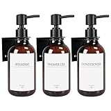 Seifenspender Wandbefestigung, Shampoo Flaschen Zum Befüllen Mit 16 Wasserdichten Etiketten, Spülmittelspender Ohne Bohren, Badezimmer Seifenspender Set, 500ml, 3 Stück, Bernsteinfarben