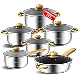 Topfset aus Edelstahl and Pans Set,12-teiliges Küchen-Kochgeschirr-Set, ungiftiges Kochset mit kühl bleibenden Griffen, spülmaschinenfest, Töpfe Set Geeignet für alle Herdarten (Gold B)