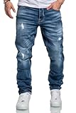 REPUBLIX Herren Jeans Regular Straight Fit Denim Hose Destroyed R7998 Hellblau W32/L30