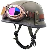 Retro 3/4 Motorrad Halbhelme Motorradhelm Für Herren Und Damen Erwachsene, DOT/ECE-Zertifizierung Leder Jethelm Halbschalenhelm, Moped Scooter Offenem Helm Mit Sonnenblende 4,XL=61-62CM