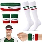 Jadive Italy Sport Stirnband und Italien Socken Set Inklusive 1 Schweißband 2 Saugfähigen Sport Armbändern und 1 Paar Kompressionssocken Italienisches Kostüm für Männer und Frauen