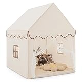 COSTWAY Kinderzelt Indoor, Kinderspielhaus für Jungen Mädchen Prinzess Prinzessin, Kinderspielzelt mit Massivholzrahmen & Baumwolldecke, Kinder Spielhaus für Drinnen, 120x105x140cm, Beige