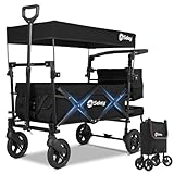Sekey Bollerwagen Faltbar mit Dach 2 Kinder 100KG, Faltbarer Bollerwagen Handwagen Schiebegriff, Kinderwagen Stoßfest PU Räder mit Bremsen 110L, SS5050, Schwarz