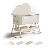 RIKCAT 4-in-1 Beistellbett Baby,Convertible Babybett für Co-Sleeping,Baby Reisebett mit Matratze,6 Höhenverstellbar Stubenwagen Baby mit Rollen,Faltbar Kinderbett von 1 bis 36 Monaten (Beige)