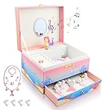 KOMABLEN Schmuckkästchen Mädchen Meerjungfrau, Spieluhr Schmuckschatulle mit Drehendem Meerjungfrau und Schmuckset, Schmuckdose schmuckaufbewahrung geburtstagsgeschenk für kinder 18 x 15 x 10,5 cm