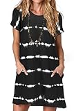 ANCAPELION Damen T-Shirt Kleid Freizeitkleid A-Linie Minikleid Kurz Sommerkleid Lose Tunika Rundhals Langes Shirt Wellig Schwarz XXL