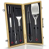 Grillset für Männer Geschenk – Grillbesteck Set aus Edelstahl - 3-in-1 Spachtel & Reinigungsbürste – Ideales Grill Set Männer Geschenk, Grill Geschenke für Männer (Ohne Grillkoffer) (Mit Holzkoffer)