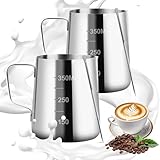VFANDV 2 Stück Milchkännchen, 350 ml Handheld Edelstahl Aufschäumkännchen, Kaffee Creamer Milch Aufschäumer Kännchen Tasse mit Messung Mark, Milchkännchen Perfekt für Cappuccino Espresso Latte