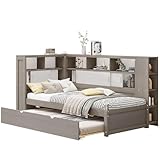 WIZBED Funktionsbett | Stauraumbett | Kinderbett mit Ausziehbett, USB und Bücherregal, Kiefernholz Plattformbett mit Regal, für Erwachsene, Kinder, Jungendliche,90x200cm(90x190cm) (Neu Grau)