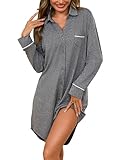 Bresdk Nachthemd Damen Langarm Baumwolle mit Knopfleiste Schlafshirt Stillnachthemd Nachtwäsche Stillen Umstandsmode Geburtskleid Krankenhaus, Dunkelgrau, XL