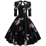 Abendkleider Elegant für Hochzeit Rockabilly Kleider Damen 50er Jahre Vintage 3/4 Ärmel Knielang Coctailkleid Swing Petticoat Kleid Festlich Hochzeitsgäste Partykleid Abschlusskleid Schwarz Blume XL