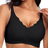 Ohne Bügel BH Damen Push Up Seamless BH Comfort Soft Minimizer Bra Klassische Sport Bustier Mit Weicher Stütze, V-Ausschnitt, Gewellte, Nahtloser Bügelloser Tshirt Schlaf BHS Unterwäsche, Schwarz XL