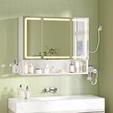 FORABAMB Spiegelschrank Bad mit LED-Beleuchtung & Steckdose 80 cm Breit, Badezimmerschrank mit 3 Türen, Verstellbarem Regal, 3 Farbtemperatur dimmbare, Badezimmer Spiegelschrank, 80×16×70 cm, Weiß