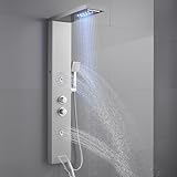 Duschpaneel mit Armatur, OUGOO 5 in 1 LED Duschpaneele Komplett mit Wasserfall & Regendusche, Massagedüsen, Handbrause und Wanneneinlauf, 304 Edelstahl Gebürstet