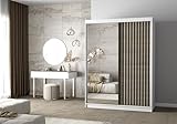 Easy4You Lami V Weiss/Sonoma Schiebetürenschrank Kleiderschrank 150x200x61 cm mit Spiegel - Schlafzimmermöbel, Aufbewahrung – Mehrzweckschrank mit Kleiderstange und Lamellen