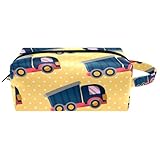 Reise-Kulturbeutel, Kosmetiktasche für Damen, Mikrofaser-Leder, Make-up-Tasche, Organizer mit Reißverschluss, LKW-Spielzeug auf Punkten, Gelb, multi, 8.2x3.1x3.5 in/21x8x9 cm, Kulturbeutel