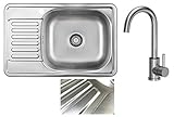 VBChome Einbauspüle mit Armatur 66x42 Leinenstruktur Edelstahl Küchenspüle Spüle Ablagefläche Abtropffläche Links eckiges Camping Ablaufgarnitur Siphon Wasserhahn Inox Edelstahl