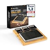 Muvell Hot Stone Steak Heiße Steinplatte Heißer Stein Grill Lavastein Steinplatte Lavastone Bambus Holzbrett mit Beilageschälchen Dipschalen Saucen-Schälchen (Schwarz)