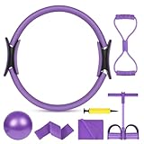 AOOSA Pilates Ring Set, 15''/38cm Magic Circle mit Doppelgriffen, 6 teiliges Pilates Essential Kit inklusive Latex-Widerstandsband, Yoga-Ball, elastischer Widerstandskreis, Pedalzieher, Achterzieher