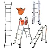 Hooha 5M Aluminium 4in1 Mehrzweckleiter 4X5 Ausziehbar rutschfest Multifunktional Gelenkleiter Anlegeleiter Klappleiter Beidseitige Steh & Treppenleiter 150KG Tragkraft für Den Innen & Außenbereich