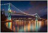 WallArena - Vlies Fototapete Stadt Nacht 250x175 cm - Fototapeten - Tapeten - für Wohnzimmer Schlafzimmer - Vliestapete Wandtapete Tapete 3D Effekt- inkl. Kleister - Brücke Kanada Vancouver