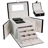 AdelDream Schmuckkasten Schmuckkoffer groß abschließbar 5 Ebenen mit 5 Schubladen mit Spiegel für Ringe Ohrringe Halsketten und Armbänder elegant und klassisch Schwarz
