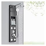 Duschsystem Set Schwarz Duschpaneel mit Ablage Rack Regendusche Wasserhahn Set SPA Massage Jet Bad Duschsäule Doppelgriff Mischbatterie Turm Wasserfall Dusche für Bathroo
