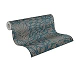 A.S. Création THE BoS Vliestapete mit floralem Muster 0,53 x 10,05 m – Blau, Gold, Türkis – Tapete mit Blättermotiv Made in Germany – 388304