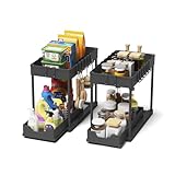 Meltrck Spülschrank Organizer - 2 Stück Unter Waschbecken Regal Organizer - Ausziehbares Lagerregal Organizer mit 16 Haken,Schwar