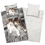 Aminata kids Mikrofaser Bettwäsche Katze 135x200 Mädchen Jugendliche mit Reißverschluss - Bügelfrei - vorteilhaft für Allergiker - Kätzchen - grau gestreift