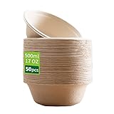 Meiontepor 50 Stück Einwegpapierschalen, biologisch abbaubar und kompostierbar, umweltfreundliche Einwegschalen, perfekt für Party und Picknicks (17 oz), Bagasse-Zellstoff