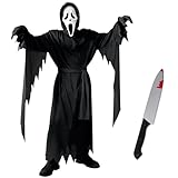 Suffolly Screaming Ghost Kostüm Adult Halloween Party Kostüm Ganzkörperkostüm mit Scream Mask und Bindegürtel, Blutigen Messer Faschingskostüme für Karneval (L)