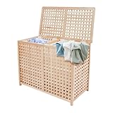Wäschekorb mit Deckel, Wäschesortierer mit 2 Fächern, faltbarer Wäschesammler mit herausnehmbarem Wäschesack, rechteckige Wäschebox, 67 x 89 x 46 cm, naturfarben