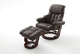 Robas Lund Relaxsessel Calgary mit Hocker, bis 130 kg belastbar, drehbarer Fernsehsessel mit Liegefunktion, Echtleder braun, Gestell Holz walnuss