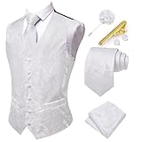 Hi-Tie Herren Paisley Anzug Weste und Krawatte Set Formeller V-Ausschnitt Weste und Krawatte Einstecktuch Manschettenknöpfe Set für Hochzeit, Weiss/opulenter Garten, Medium